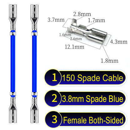A detailed view of 3.8mm both sided Cable Blue spade connectors, ideal for wiring tasks in automotive, home, and DIY projects.
