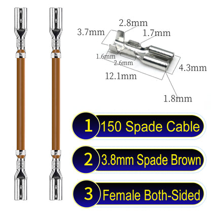 A detailed view of 3.8mm both sided Cable Brown spade connectors, ideal for wiring tasks in automotive, home, and DIY projects.