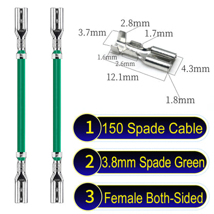 A detailed view of 3.8mm both sided Cable Green spade connectors, ideal for wiring tasks in automotive, home, and DIY projects.