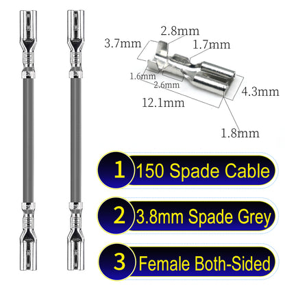 A detailed view of 3.8mm both sided Cable Grey spade connectors, ideal for wiring tasks in automotive, home, and DIY projects.