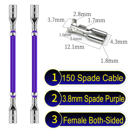 A detailed view of 3.8mm both sided Cable Purple spade connectors, ideal for wiring tasks in automotive, home, and DIY projects.