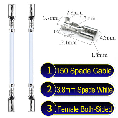 A detailed view of 3.8mm both sided Cable White spade connectors, ideal for wiring tasks in automotive, home, and DIY projects.
