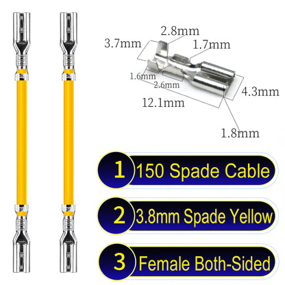 A detailed view of 3.8mm both sided Cable Yellow spade connectors, ideal for wiring tasks in automotive, home, and DIY projects.