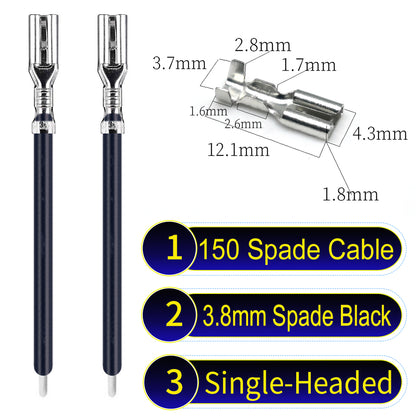 A detailed view of 3.8mm single-head Cable Black spade connectors, ideal for wiring tasks in automotive, home, and DIY projects.