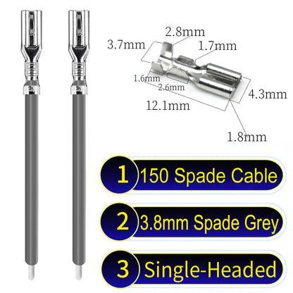 A detailed view of 3.8mm single-head Cable Grey spade connectors, ideal for wiring tasks in automotive, home, and DIY projects.