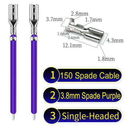 A detailed view of 3.8mm single-head Cable Purple spade connectors, ideal for wiring tasks in automotive, home, and DIY projects.