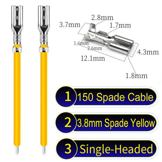 A detailed view of 3.8mm single-head Cable Yellow spade connectors, ideal for wiring tasks in automotive, home, and DIY projects.