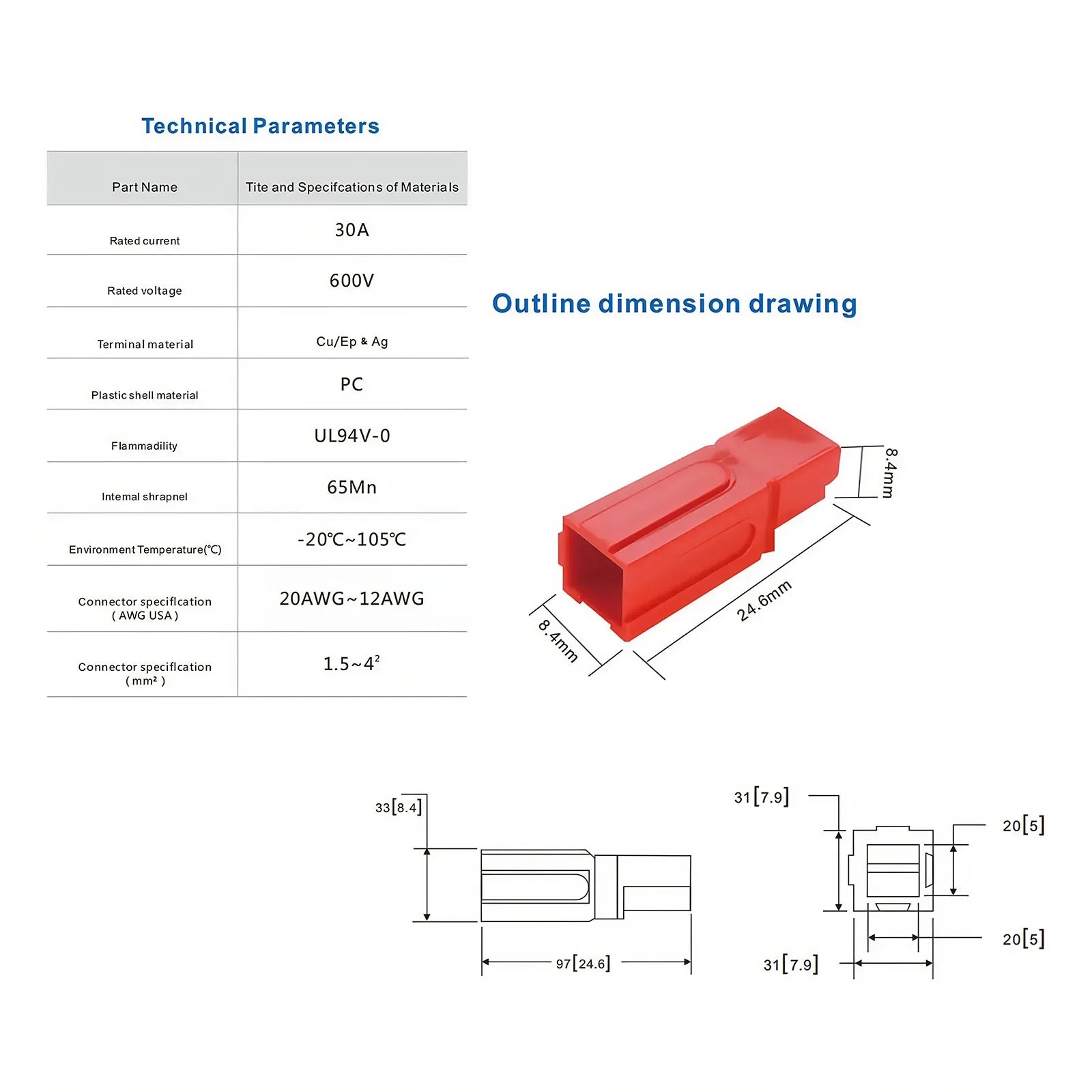 Single pole 30A high current connector showing PP battery forklift power terminal structure
