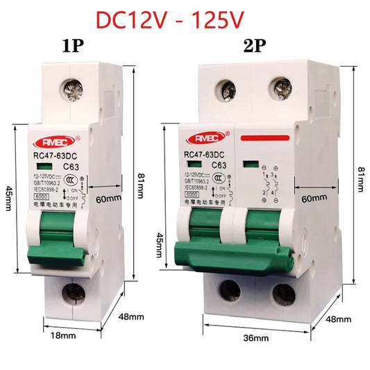 32A–63A DC 12V–125V circuit breaker 1P/2P for solar, RV, yacht, and electric vehicle battery protection
