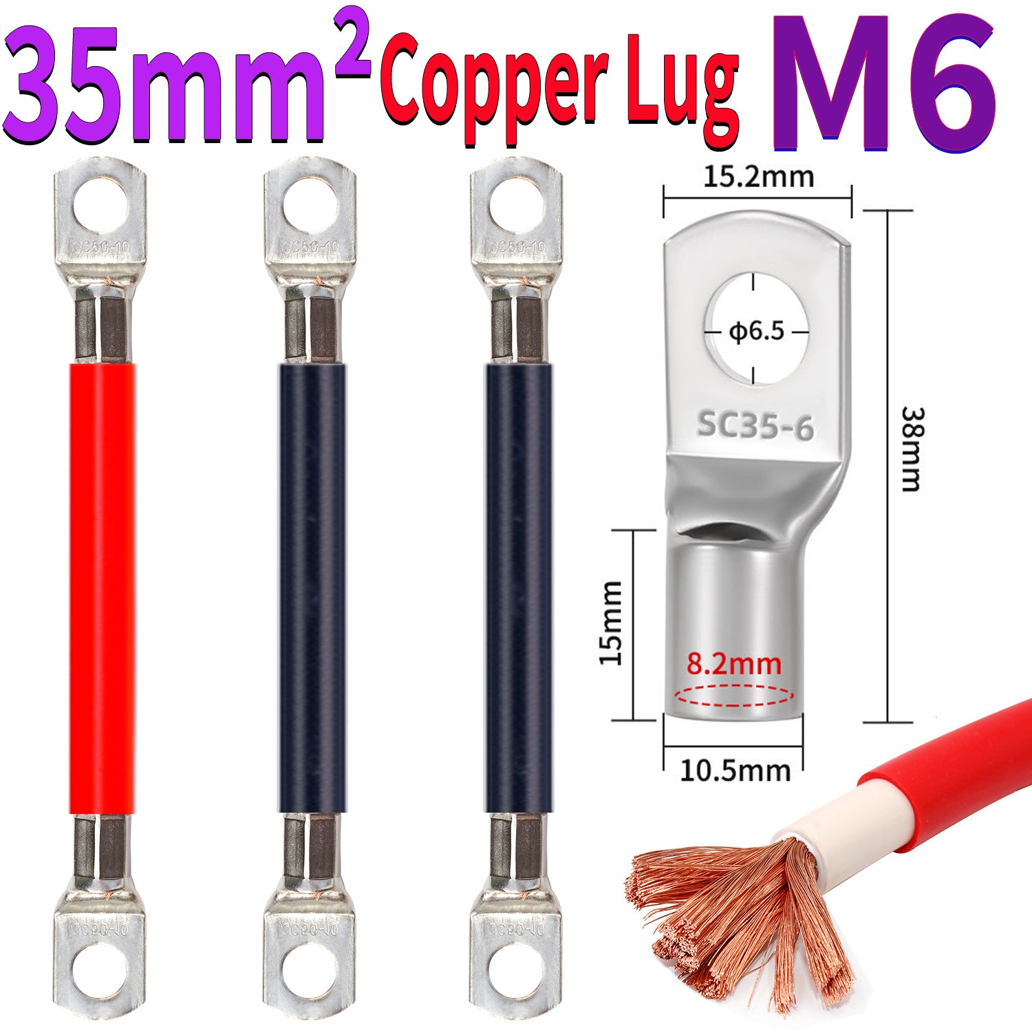 35mm² pure copper ring lug cable with M35 terminal and M6 stud hole for high current power connection