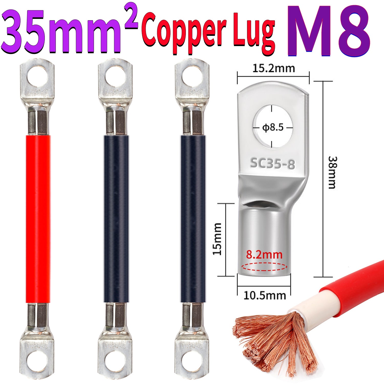 35mm² copper ring lug power cable with M35 terminal and M8 hole for battery and inverter wiring