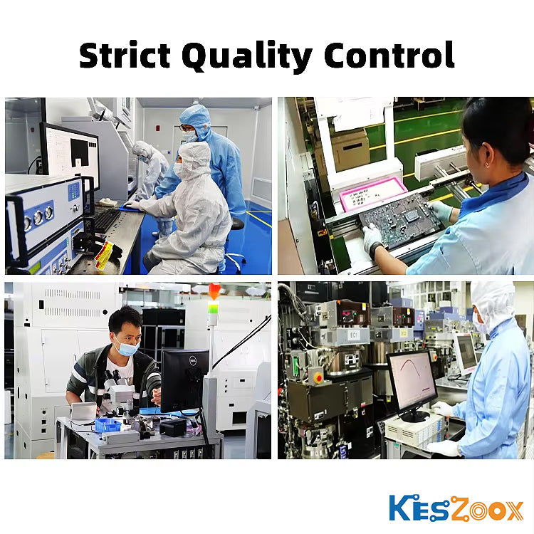 Keszoox strict quality control process — cleanroom engineers operating electronic test equipment, SMT pick-and-place machine operator, microscope inspection of IC components, automated optical inspection AOI equipment operator — ISO 9001 certified IC chip quality assurance at Keszoox