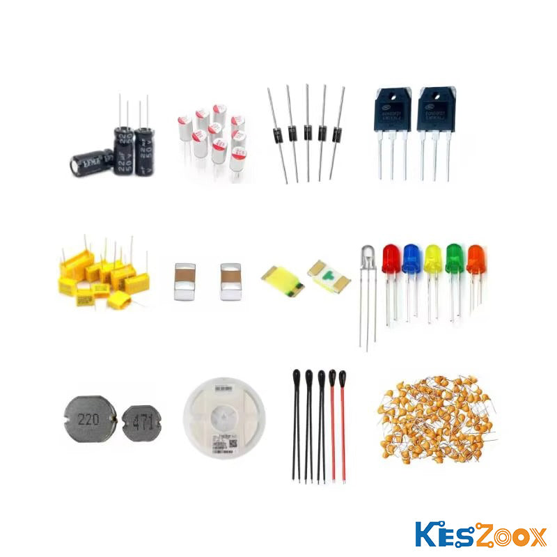 Discrete electronic components category overview — electrolytic capacitor, tantalum capacitor, rectifier diode DO-41, TO-247 power MOSFET, film capacitor CBB, MLCC ceramic capacitor 0805, SMD LED, 5mm LED red green blue yellow orange, SMD shielded inductor 220uH 471, SMD resistor tape-and-reel, NTC thermistor, ceramic disc capacitor — 12 component categories ready stock at Keszoox