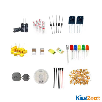 Discrete electronic components category overview — electrolytic capacitor, tantalum capacitor, rectifier diode DO-41, TO-247 power MOSFET, film capacitor CBB, MLCC ceramic capacitor 0805, SMD LED, 5mm LED red green blue yellow orange, SMD shielded inductor 220uH 471, SMD resistor tape-and-reel, NTC thermistor, ceramic disc capacitor — 12 component categories ready stock at Keszoox
