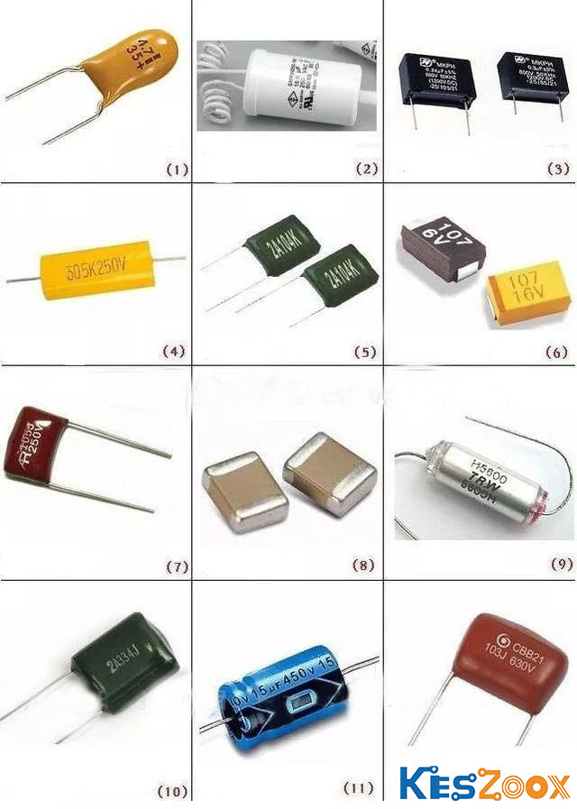 Through-hole discrete electronic components isometric view — BC171B NPN transistor, NTC thermistor 403Z, red film capacitor, L7808LC 8V voltage regulator TO-220, 2500uF 25V electrolytic capacitor, 1000uF electrolytic capacitor, TO-92 transistor, glass tube fuse 5x20mm — THT components for PCB repair and hobby electronics at Keszoox