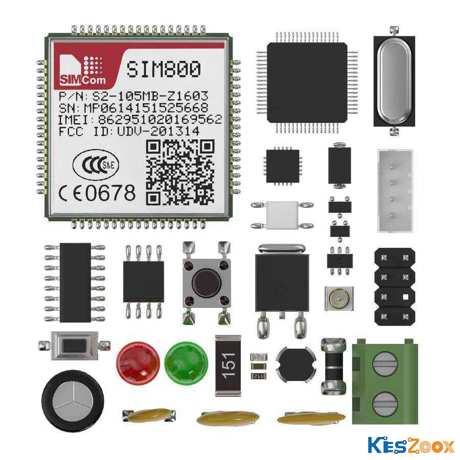 SIMCom SIM800 GSM module and SMD electronic components — IC chips, MOSFET, tactile switch, SMD resistor, inductor, LED — CE certified, FCC approved, CCC marked