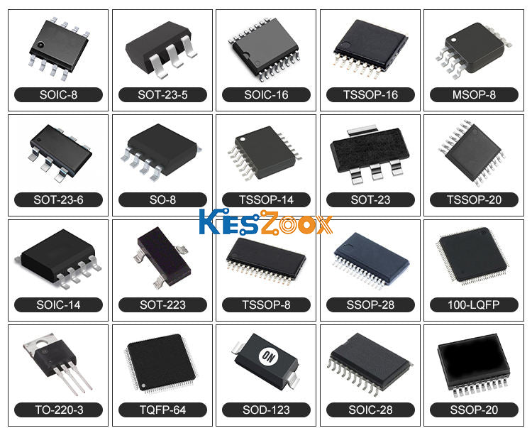 IC package types complete reference chart — SOIC-8, SOT-23-5, SOIC-16, TSSOP-16, MSOP-8, SOT-23-6, SO-8, TSSOP-14, SOT-23, TSSOP-20, SOIC-14, SOT-223, TSSOP-8, SSOP-28, 100-LQFP, TO-220-3, TQFP-64, SOD-123, SOIC-28, SSOP-20 — all 20 IC package types in stock at Keszoox
