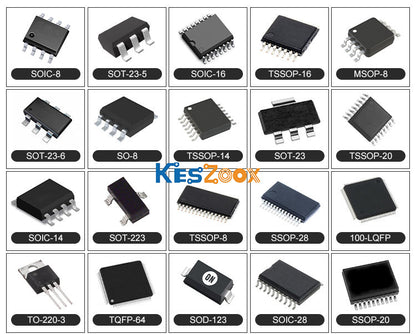 IC package types complete reference chart — SOIC-8, SOT-23-5, SOIC-16, TSSOP-16, MSOP-8, SOT-23-6, SO-8, TSSOP-14, SOT-23, TSSOP-20, SOIC-14, SOT-223, TSSOP-8, SSOP-28, 100-LQFP, TO-220-3, TQFP-64, SOD-123, SOIC-28, SSOP-20 — all 20 IC package types in stock at Keszoox