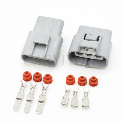 3-hole automotive electric fan control connector installed in vehicle showing proper wiring