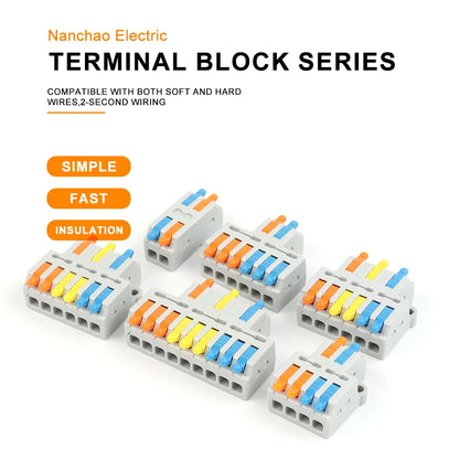 Close-up of 3 in 9 out connector wiring terminal, quick PCT lamp connector for parallel wire connections