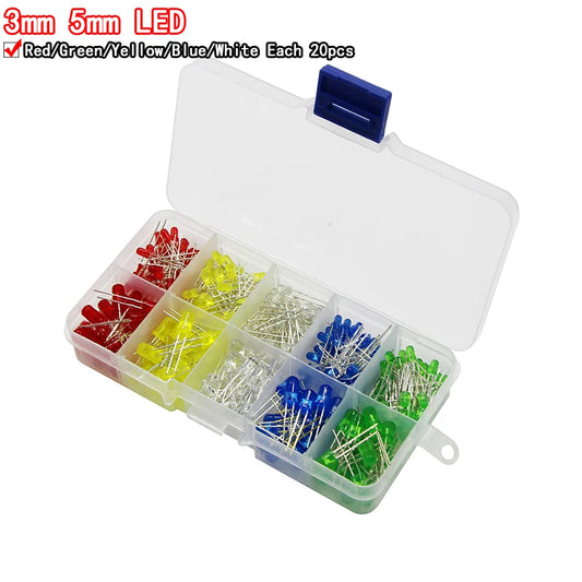 3mm and 5mm mixed color LED kit including red, green, yellow, blue, and white LEDs with storage box for electronics DIY projects
