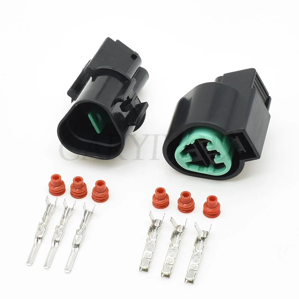 3-pin automotive headlight connector PB625-03027 PB621-03020 installed in vehicle showing secure wire connection