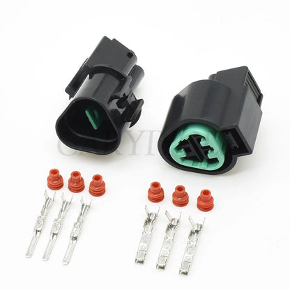 3-pin automotive headlight connector PB625-03027 PB621-03020 installed in vehicle showing secure wire connection