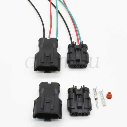 Rear view of black 3-pin waterproof automotive connector adapter MG640329-5 MG610327-5 highlighting wiring terminals