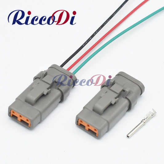 3-Pin DTM waterproof automotive wire connector showing male and female plugs with grey socket