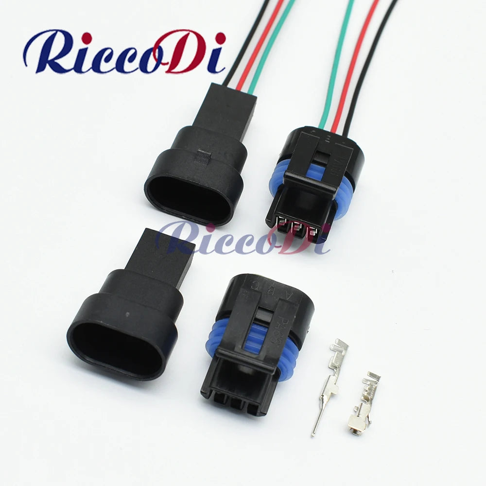 3-Pin GM map sensor male and female waterproof connector showing overall view with wiring harness