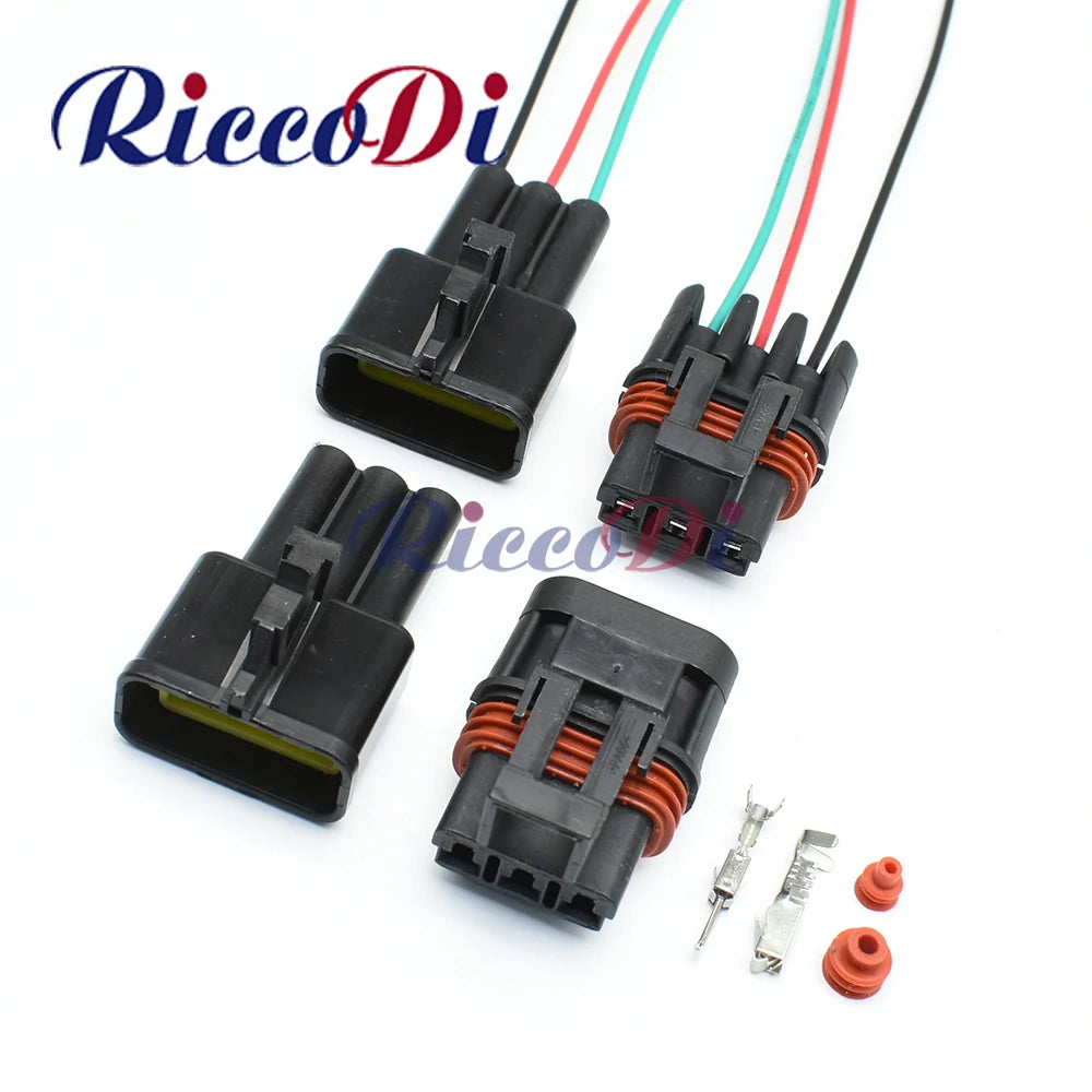 3-Pin sealed plastic wiring harness auto connector showing male and female socket plug with terminals