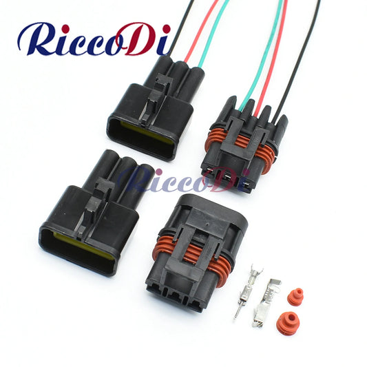 3-Pin sealed plastic wiring harness auto connector showing male and female socket plug with terminals