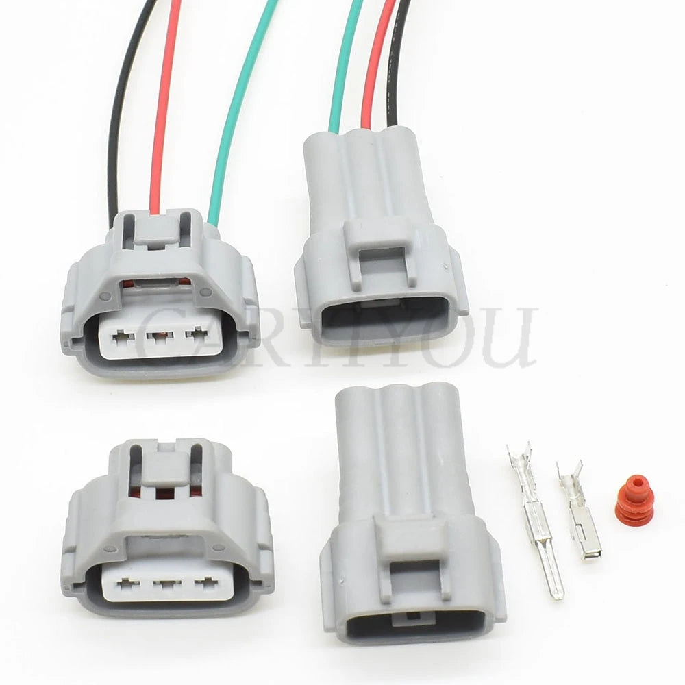 Rear view of 3-pin turn signal headlight wiring connector highlighting pigtail harness wire connections for Toyota, Honda, and Infiniti