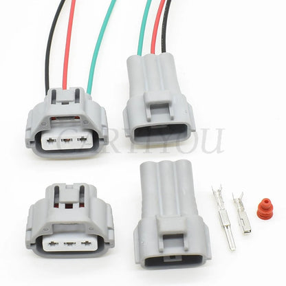 Rear view of 3-pin turn signal headlight wiring connector highlighting pigtail harness wire connections for Toyota, Honda, and Infiniti