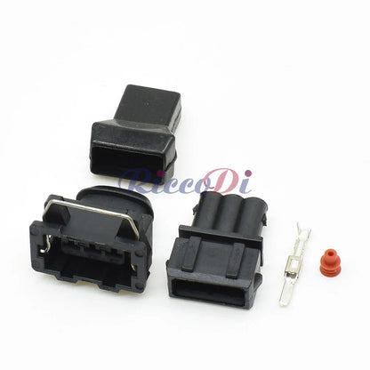 Close-up of 3-Pin terminals in automotive waterproof wiring harness connector 357972763 for VW