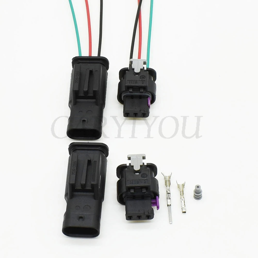 Rear view of 3-pin electronic automotive waterproof connector 1718653-1 4F0973703A 4F0973703 highlighting wiring connections