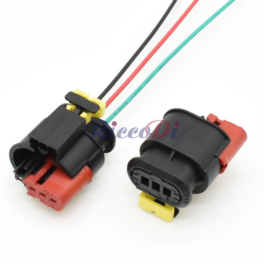 3-Pin sealed injector plug with attached wires showing proper electrical wiring harness setup