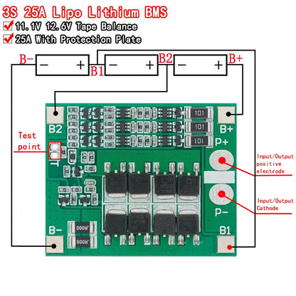 3S 25A Li-ion 18650 battery protection board with BMS PCM and balance function, ideal for Li-ion and LiPo battery packs, ensuring safety and long battery life