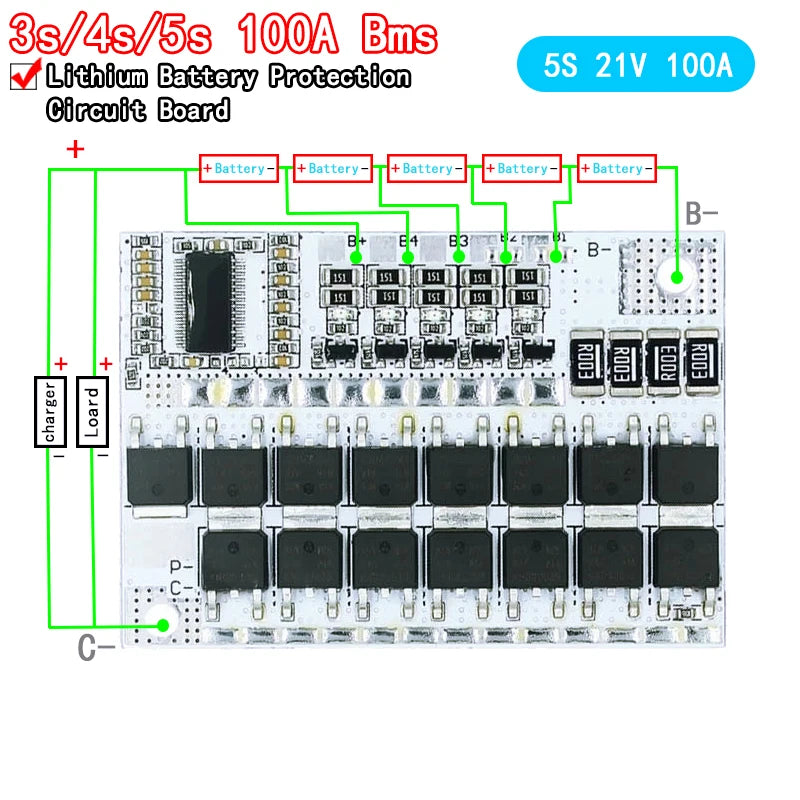 3S 4S 5S 100A BMS lithium battery protection board for 12V 16.8V 21V Li-ion and Li-polymer cells with balance charging
