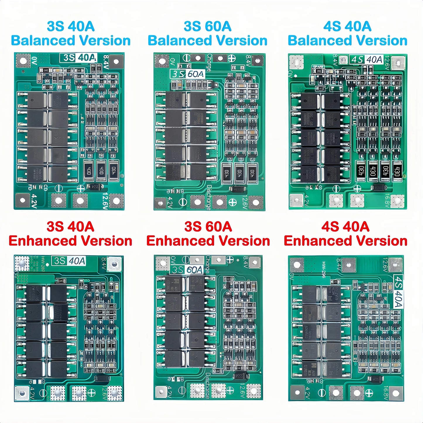 3S 4S lithium battery BMS protection board with 40A/60A current, balance and enhance functions for 11.1V to 16.8V Li-ion cells and drill motors