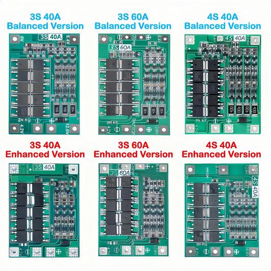 3S 4S lithium battery BMS protection board with 40A/60A current, balance and enhance functions for 11.1V to 16.8V Li-ion cells and drill motors