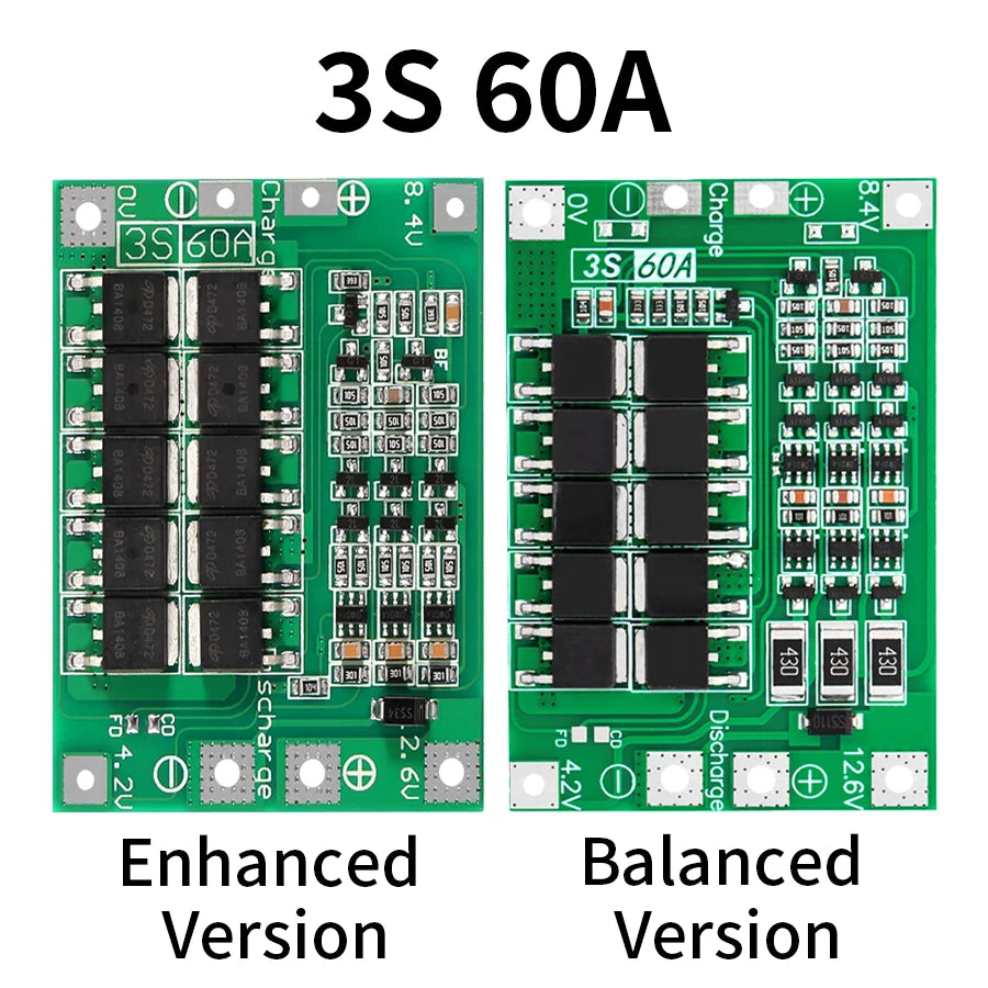 3S Li-Ion battery BMS protection board, 60A enhanced balanced module for DIY battery packs and power tools, ensuring safety and balance