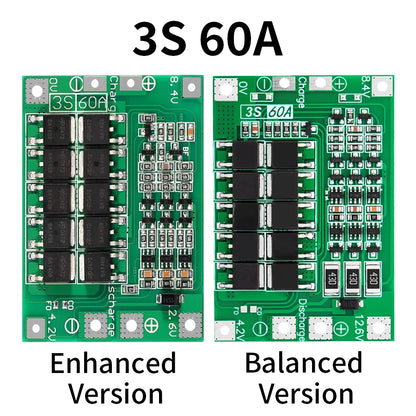 3S Li-Ion battery BMS protection board, 60A enhanced balanced module for DIY battery packs and power tools, ensuring safety and balance