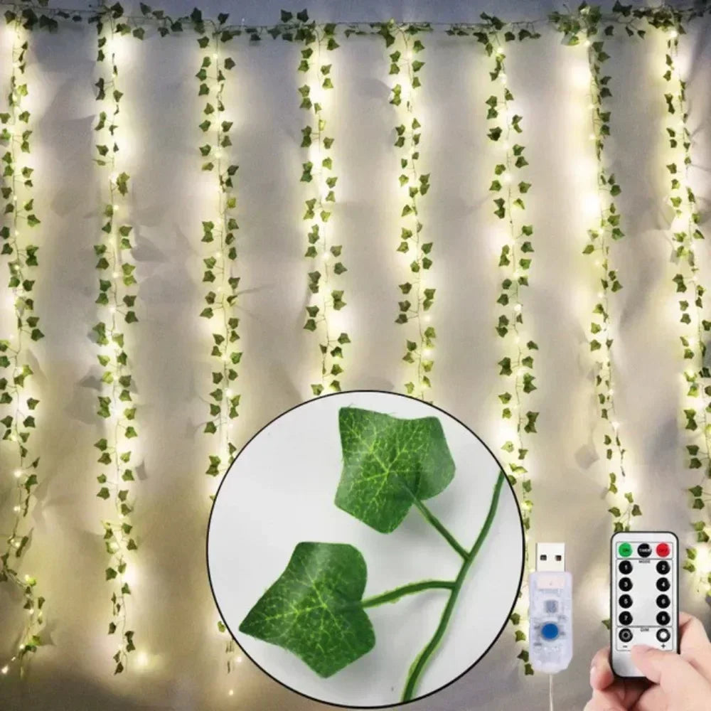 Close-up of 3x3 window curtain LED fairy lights with willow leaves decoration