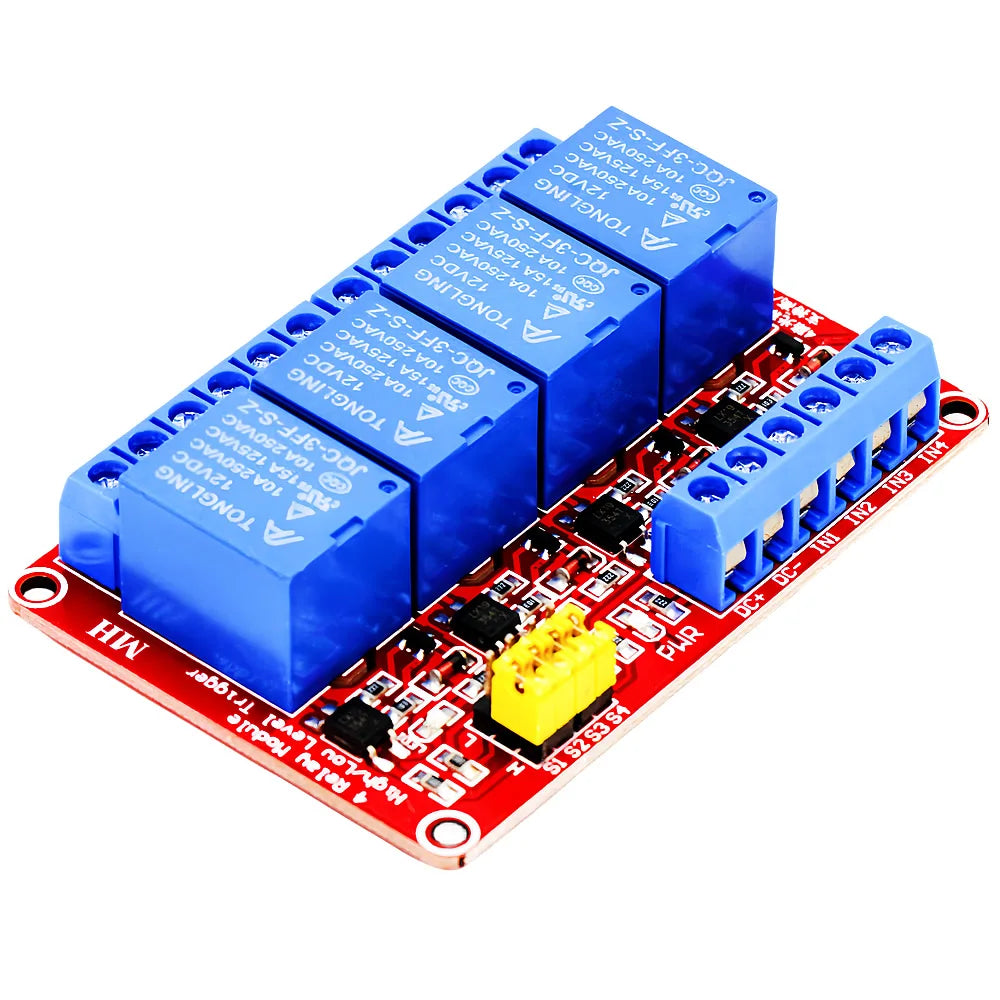 4-channel relay module with 5V/12V/24V input, optocoupler isolation, supporting high and low level trigger for Arduino and Raspberry Pi DIY electronics projects