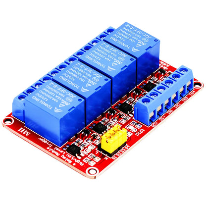 4-channel relay module with 5V/12V/24V input, optocoupler isolation, supporting high and low level trigger for Arduino and Raspberry Pi DIY electronics projects
