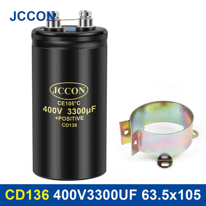400V 3300µF CD136 bolt electrolytic capacitor 63.5x105mm, high temperature 105℃, with bracket, suitable for industrial and electronic applications