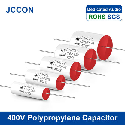 400V MKP metallized polypropylene film audio capacitor, 0.68µF-20µF, ideal for HiFi frequency divider and audiophile applications