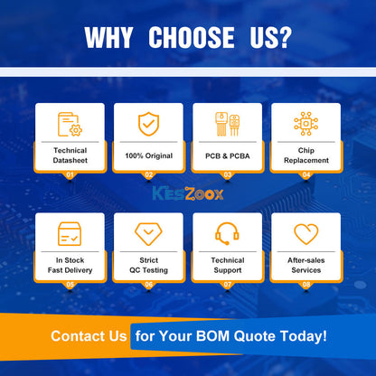 Why choose Keszoox for passive and discrete components — 8 advantages: 01 technical datasheet, 02 100% original parts, 03 PCB and PCBA support, 04 chip replacement service, 05 in stock fast delivery, 06 strict QC testing, 07 technical support, 08 after-sales service — contact us for BOM quote today for resistors capacitors inductors MOSFETs transistors diodes
