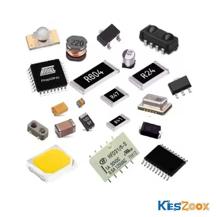 SMD electronic components assortment — Atmel ATmega328P MCU, SMD resistor R604 R24, tantalum capacitor, inductor, relay HFD31, LED, crystal oscillator — ready stock at Keszoox
